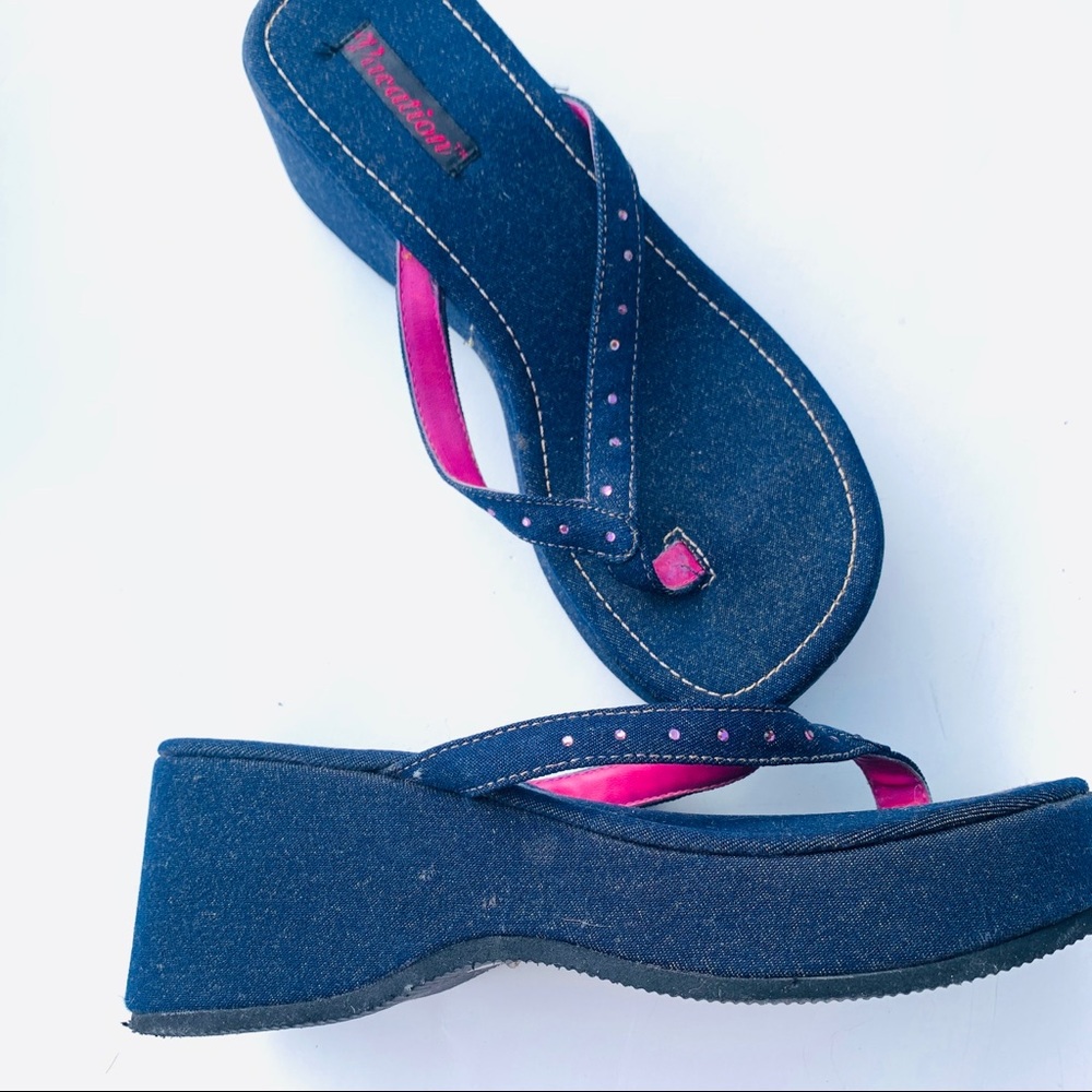 Denim Rhinestone Wedge Sandals - Picture 2 of 5